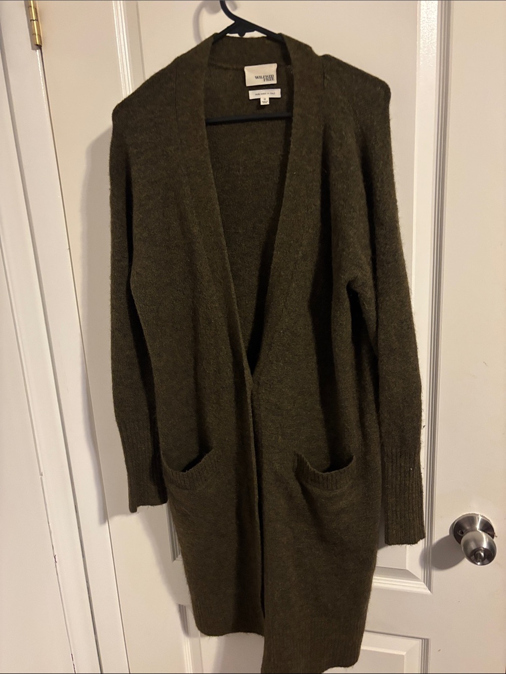 Wilfred Dark Olive Long Open Cardigan with Front Pockets